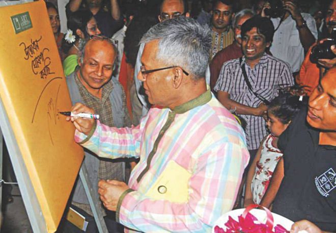 Professor Shahid Akhtar Hossain inaugurates the event; some of the artworks on display.  