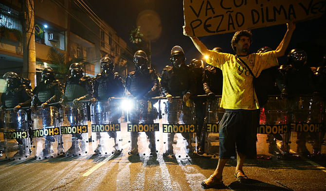  Military Police block anti-World Cup protestors attempting to march to Maracana stadium on June 15, 2014 in Rio de Janeiro, Brazil. Photo: Getty Images