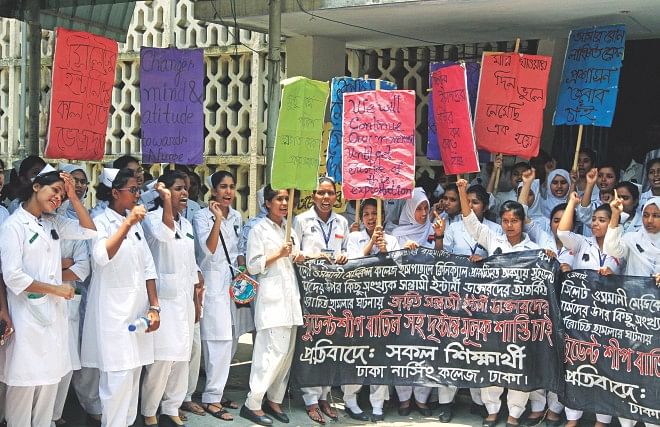 The students of Dhaka Nursing College demonstrate on the campus yesterday as they, among the students of five colleges across the country, continue to protest an attack on four student nurses allegedly by interns at Sylhet MAG Osmani Medical College Hospital early Monday. Photo: Star