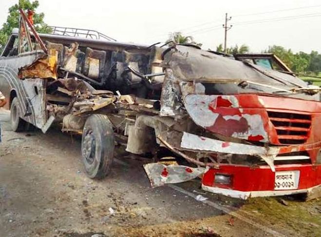 The wreckage of the bus on the side of the road after the crash that killed 10 people in Rajbari. Photo: Courtesy