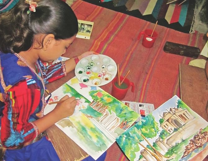 Every 10 students in Rana's art school in Dinajpur town has a teacher to help them out. They learn whilst having fun. “Every Friday is like Eid,” they say. The school keeps fees to a minimum with the help of donations. Photo: Star