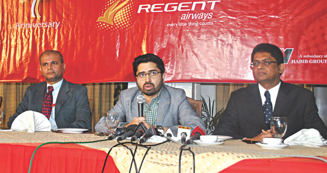 Mashruf Habib, managing director of Regent Airways, a concern of Chittagong-based Habib Group, speaks at a press meet in the port city yesterday to announce major expansion plans as the carrier marked its fourth anniversary. Photo: Star