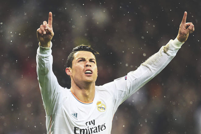 Real Madrid superstar Cristiano Ronaldo celebrates his goal against Borussia Dortmund during their Champions League quarterfinal at the Bernabeu on Wednesday. Photo: AFP