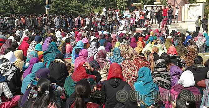 In this February 1 photo, over 5,000 students of Rajshahi University gather at a protest rally at Shabash Bangladesh play grounds on the campus demanding immediate withdrawal of hiked fees and cancellation of evening master’s courses.