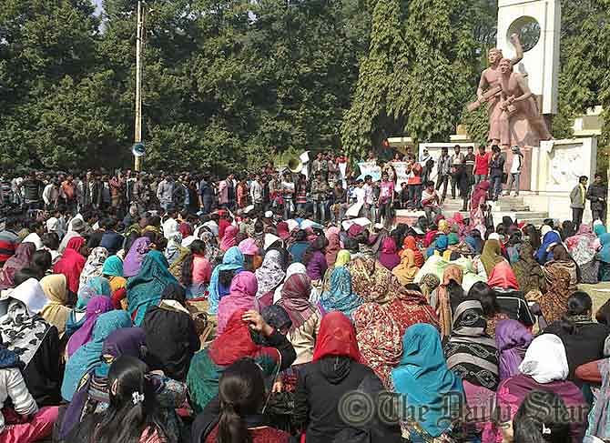 Over five thousand students of Rajshahi University gather at a protest rally at Shabash Bangladesh play grounds on the campus demanding immediate withdrawal of hiked fees and cancellation of evening master’s courses on Saturday.
