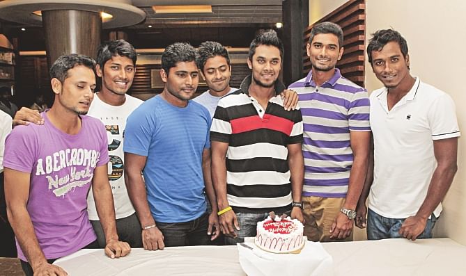 Sabbir Rahman (C) has certainly enjoyed a satisfying birthday, his 24th, at the Hotel Peninsula in Chittagong yesterday, a day after his quick-fire 44 against Zimbabwe on his Tigers debut at the Zahur Ahmed Chowdhury Stadium. Photo: Star