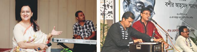 Sadya Afreen Mallick lauds a performance; Munir Chowdhury assists Ziaul Haq Zia on the harmonium. Photo: Ridwan Adid Rupon