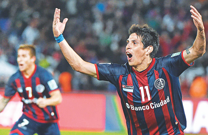  San Lorenzo midfielder Pablo Barrientos celebrates his opening goal against Auckland City during their Club World Cup semifinal at the Marrakesh Stadium in Morocco on Wednesday. Photo: AFP
