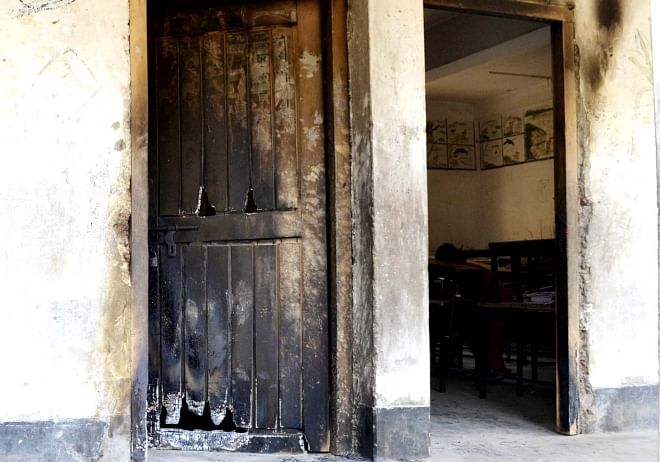 Marks of the blaze at Charghat-Bagha Shyampur Govt Primary School in Rajshahi. All the schools were supposed to be polling centres. Photo: Star