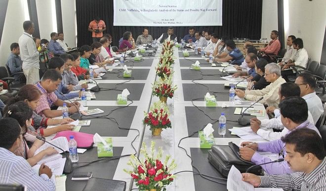 Participants at a seminar on child trafficking at The Daily Star Centre in the capital yesterday, organised by Bangladesh Shishu Adhikar Forum, Terre des Hommes Netherlands, and World Vision Bangladesh.  Photo: Star