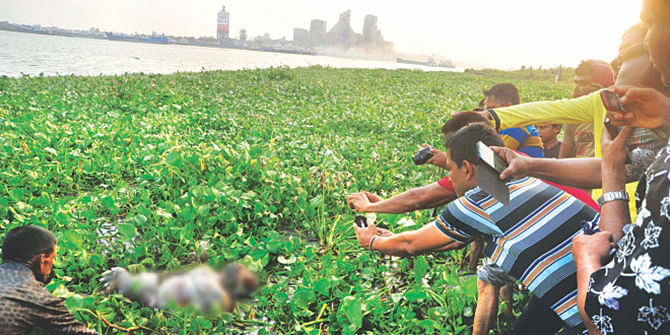 This April 30 file photo shows one of the seven bodies found on the river Shitalakkhya in Narayanganj is being pulled towards the shore. The photo was partly pixelated.