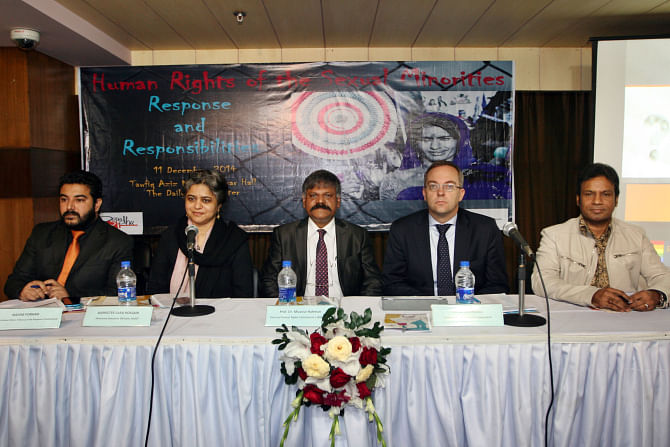 (From left) Nadim Forhad, Barrister Sara Hossain, Prof Mizanur Rahman, Johan Frisell and Anisul Islam Hero at a workshop on “Human Rights of the Sexual Minorities: Response and Responsibilities”, organised by Bandhu Social Welfare Society in the capital’s The Daily Star Centre yesterday. Photo: Star