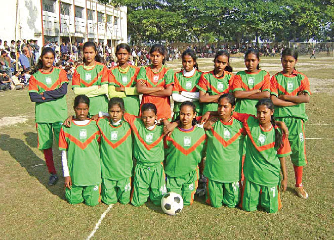 The Bachte Shekha women's football team after a match in Magura.