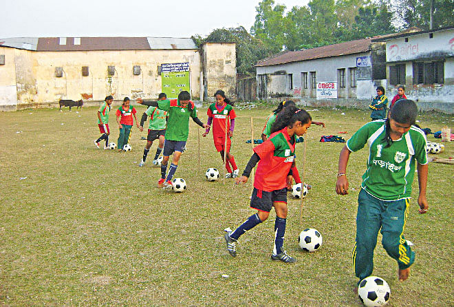 Women's football training in Narail.