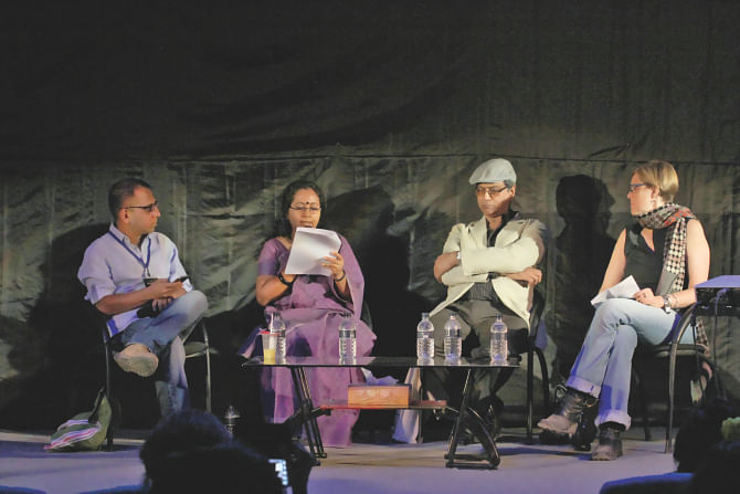 Shaheen Akhtar reads translated excerpts of her work in a session with Arunava Singha, Kaiser Haq and Katie Griffin. Photo: Ridwan Adid Rupon