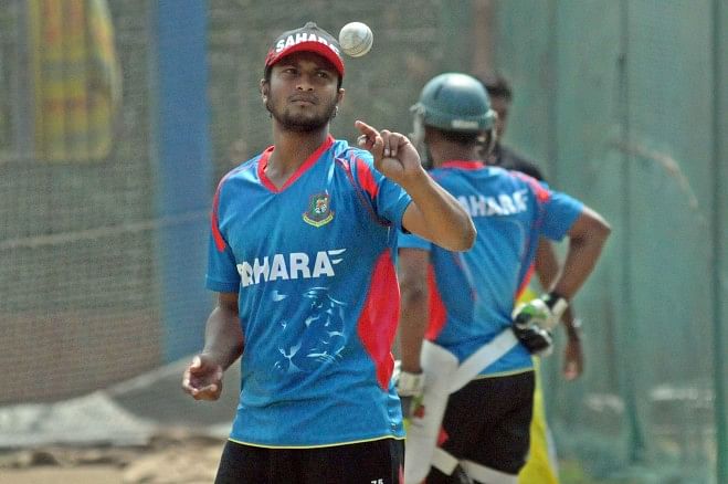 After missing the last three games due to suspension premier Bangladesh all-rounder Shakib Al Hasan will be back to serve the Tigers in a crunch Asia Cup match against Pakistan at the Sher-e-Bangla National Stadium today.    Photo: Firoz Ahmed