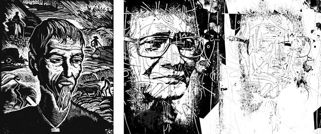 “Face of a Farmer”, Safiuddin Ahmed, wood engraving; “Journey of a Great Master-28”, Ahmed Nazir, digital print. 