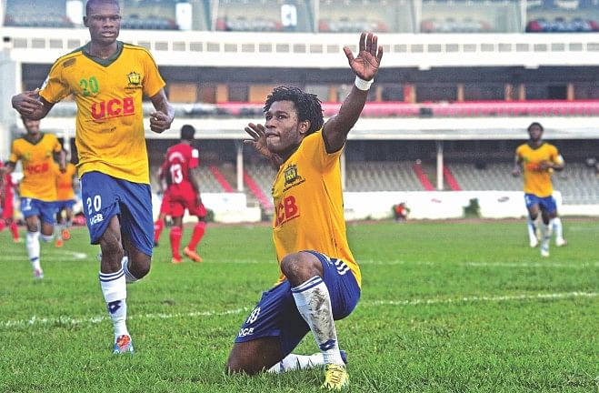 Sheikh Jamal forward Sony Norde celebrates one of his two goals during their 4-1 drubbing of Sheikh Russel KC in their Bangladesh Premier League match at the Bangabandhu National Stadium. PHOTO: STAR
