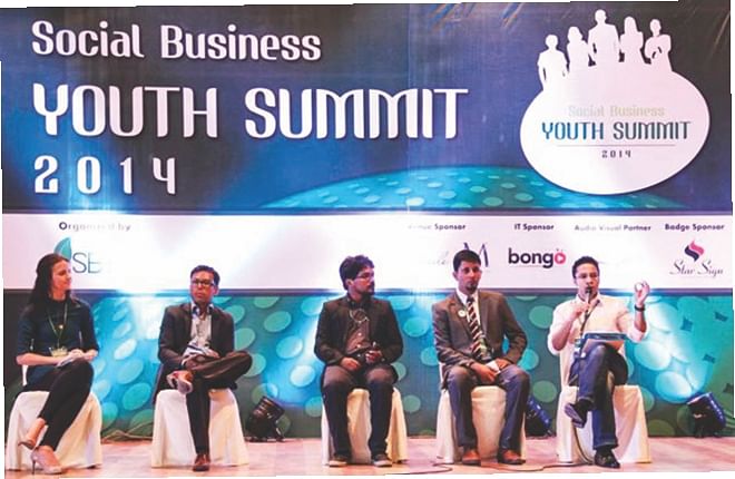 From the left, Joana Kimzack, Mustafizur Khan, Albaab Habib, A K M Shahidul Islam, and Ujal Ibrahim in the panel on 'Social Business and Youth'. 