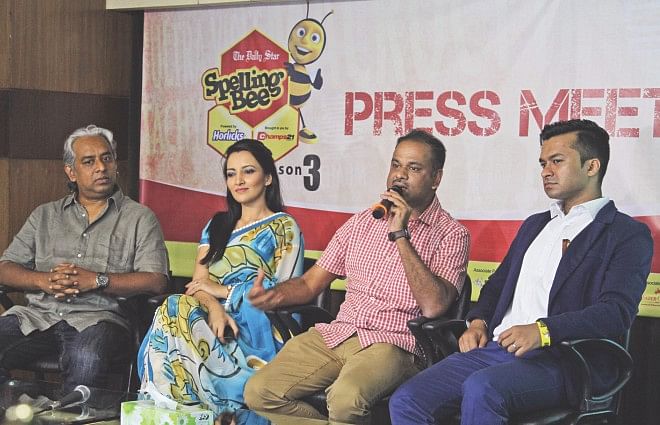 From left, Hasan Abidur Reza Jewel, Rumana Malik Munmun, Russell T Ahmed, and Junaed Rabbani during a meet-the-press at the capital's The Daily Star Centre yesterday where the organisers announced the start of the television round of The Daily Star Spelling Bee's third season. Photo: Star