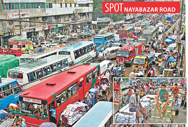 The long queue of crawling traffic between Tantibazar Intersection and the Second Buriganga Bridge in the capital yesterday. The plying of all types of vehicles, inconsiderate and illegal parking and total disregard for traffic rules lead to the chaos that lasts all day. Inset, very slow-moving pushcarts travelling on the wrong side of the road at the intersection. Photo: Anisur Rahman