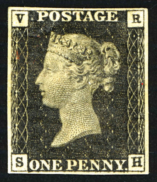 World's first stamp: the Penny Black with the trademark portrait of Queen Victoria issued in 1840 in London.