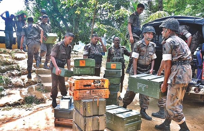 Supplies and ammo being sent to Border Guard Bangladesh troops from their Lemuchhari camp in Naikkhangchhari of Bandarban yesterday as tension was running high at the border with Myanmar following two gun battles in three days.Photo: Anurup Kanti Das