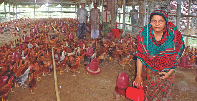 Nazia Sarkar, a successful entrepreneur, at her poultry farm in Shajahanpur upazila of Bogra.   Photo: Mamunur Rashid