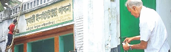 A man paints over the sign of a school, left, that had been occupying the building. An official from the district administration of Pabna seals off the home. Photo: Star