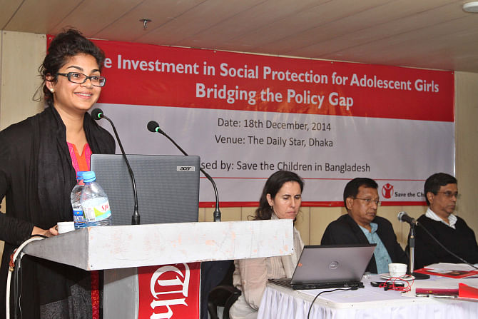 Suralini Fernando, officer at Child Rights Governance (CRG) of Save the Children, addresses the workshop “More Investment in Social Protection for Adolescent Girls-Bridging the Policy Gap” organised by the children's rights organisation at The Daily Star Centre in the capital yesterday. Photo: Star