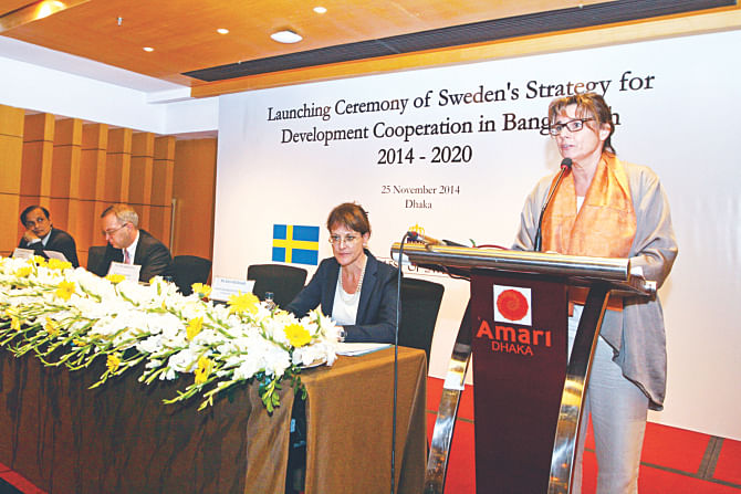 Isabella Lövin, Swedish minister for international development cooperation, speaks at the launch of her country's new development strategy for Bangladesh at Amari Hotel in Dhaka yesterday.  Photo: Star 