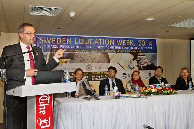 Swedish Ambassador to Bangladesh Johan Frisell speaks at a seminar titled "Sweden Study Week 2014" organised by Steps in The Daily Star Centre of the capital yesterday. Photo: Star