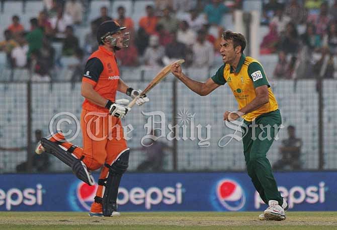 South African leg spinner Imran Tahir celebrates a wicket against Netherlands in a Wortd T20 match at Chittagong today. Photo: Anurup Kanti Das