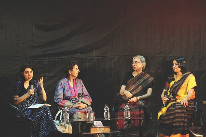 Tahmima Anam (L) channels the conversation between Muneeza Shamsie, Manju Kapur and Nilanjana Roy. Photo:ridwan Adid Rupon