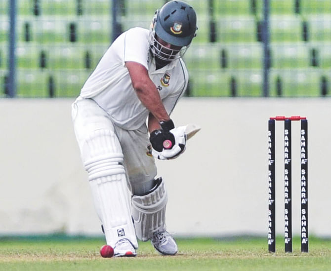 Opening batsman Tamim Iqbal showed his true grit during a practice match in Mirpur yesterday, on way to rediscovering his form ahead of Bangladesh's tour of West Indies. PHOTO: STAR