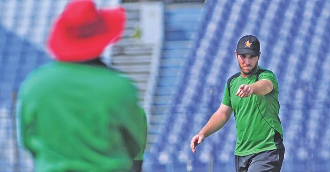 Zimbabwe Test captain Brendan Taylor is busy giving instructions during the visitors' training session at Fatullah yesterday. They will begin their tour with a three-day practice match against BCB XI today.   Photo: Star 