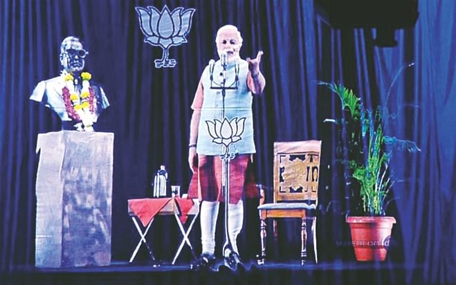 The holographic image of Modi addressing a rally in Mumbai. Photo: AFP
