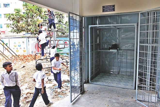 The Siddheswari Boys High School in the capital has arranged for the installation of a lift operated by hand. Photo: Prabir Das