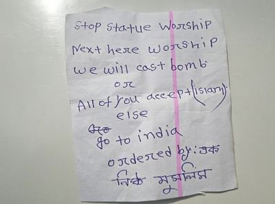 Threatening to hurl a bomb at the temple if Hindus did not stop worshiping idols or move to India.  Photo: Star