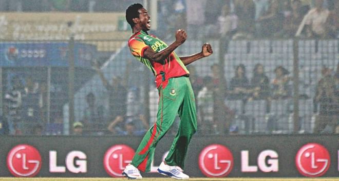 An excited Al-Amin Hossain celebrates one of his two wickets during Bangladesh's first round match of the World Twenty20 against Nepal at the Zohur Ahmed Chowdhury Stadium in Chittagong yesterday. Bangladesh won the match by eight wickets. PHOTO: ANURUP KANTI DAS