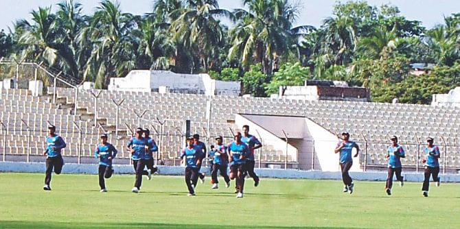 Tigers partake in a training session at the Sheikh Abu Naser Stadium in Khulna yesterday, ahead of the second Test against visiting Zimbabwe, starting on November 3. PHOTO: COURTESY