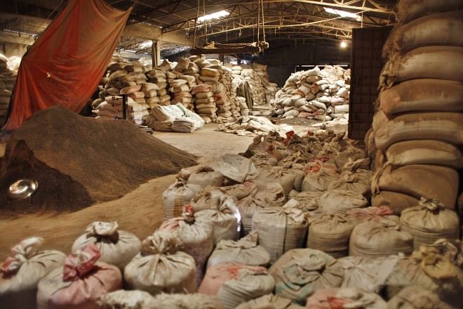 A factory warehouse in Hazaribagh in the capital where tonnes of poultry feed made with waste leather strips were being stored. The photograph was taken yesterday. Photo: Rashed Shumon