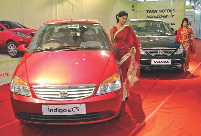 Nitol Motors, the local distributor of Tata vehicles, showcases Indigo ECS and Manza cars at the Asian International Trade Expo that kicked off at Bangabandhu International Conference Centre in Dhaka yesterday. The five-day trade fair organised by Conference and Exhibition Management Services Ltd has opened an opportunity for both local and foreign brands to showcase their services and products.  Photo: Star