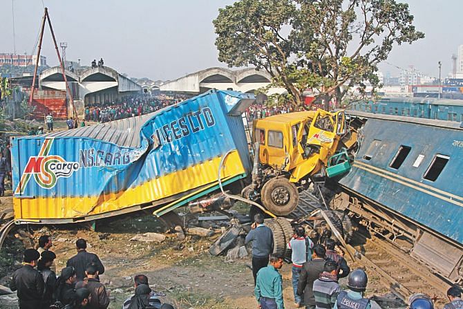 The mangled wreckage of the lorry and the train carriage after the two collided near Kamalapur Railway Station. Photo: Sk Enamul Haq