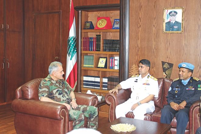 Bangladesh Navy Assistant Naval Staff (operation) AMMM Aurangjeb Chowdhury talking training of Lebanese navy with Lebanese Armed Forces Chief of Staff Maj Gen Walid Salman in Beirut, the Lebanese capital, yesterday.   Photo: Courtesy