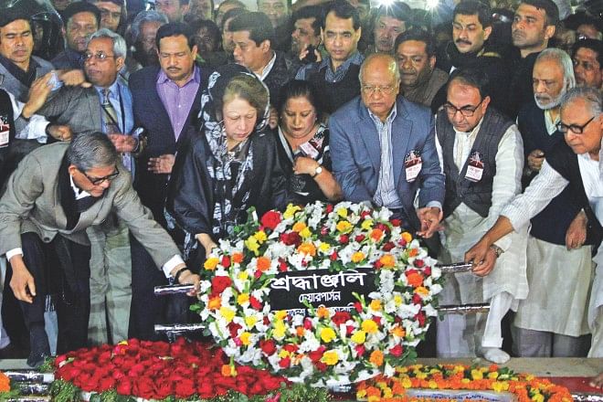 Sometime later, BNP Chairperson Khaleda Zia and the party leaders pay theirs. Photo: Sk Enamul Haq, Anisur Rahman, Palash Khan