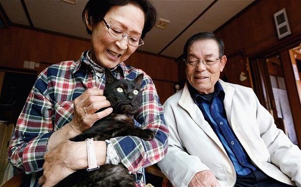Kazuko, left, and Takeo Yamagishi get to hold their pet cat, Suika in Ofunato, Japan. 