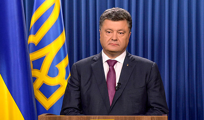 Ukrainian President Petro Poroshenko delivers a speech dedicated to his decree to dissolve parliament in Kiev, August 25. Photo: Reuters