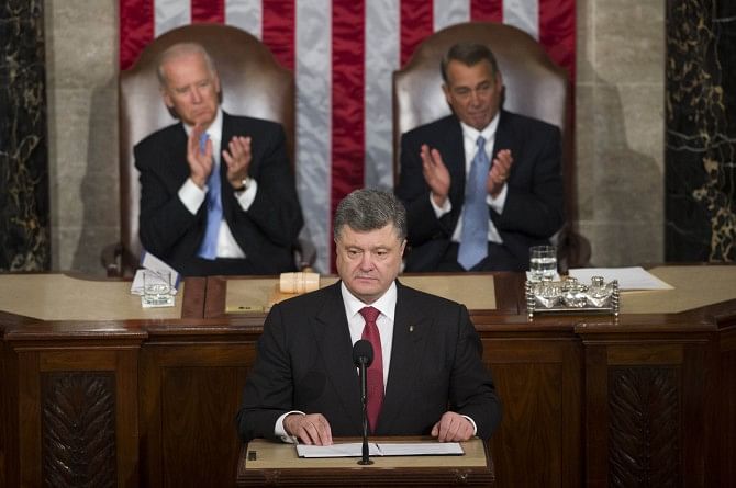 Ukrainian President Petro Poroshenko addresses a joint meeting of Congress at the US Capitol in Washington, DC, yesterday.  Photo: AFP