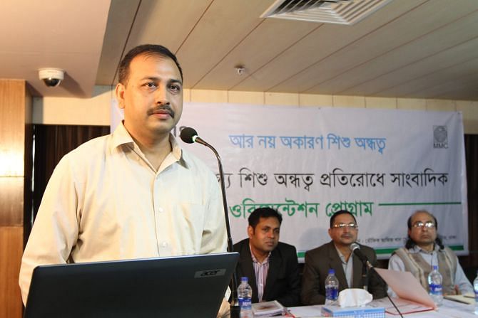 Dr Lutful Hossain, ophthalmologist of Orbis International, speaks at an orientation programme “No more unnecessary child blindness” organised by the organisation at The Daily Star Centre in the capital yesterday.  Photo: Star